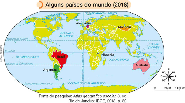 IMAGEM: alguns países do mundo de 2018. um mapa-múndi destaca o brasil, a argentina, a alemanha, ruanda, a austrália e mongólia. FIM DA IMAGEM.