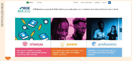 IMAGEM: captura de tela da página da uébi do saite i, b, g, é, educa, onde há um portal para crianças, outro para jovens e um terceiro portal para professores. FIM DA IMAGEM.