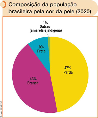 IMAGEM: composição da população brasileira pela cor da pele (2020). um gráfico circular de 2020 informa a composição da população brasileira a partir da cor de pele. cada parte do gráfico está preenchida por uma cor diferente, o tamanho do preenchimento varia segundo a porcentagem. 47 por cento da população brasileira são pardos, 43 por cento são brancos, 9 por cento são pretos e 1 por cento é de outra etnia, como a amarela ou a indígena. FIM DA IMAGEM.