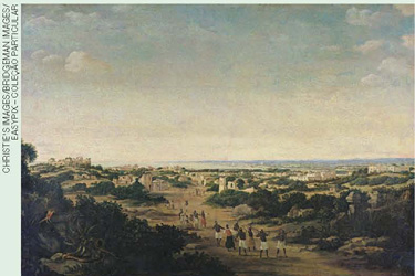 IMAGEM: a pintura vista das ruínas de olinda mostra pessoas escravizadas caminhando por uma estrada de terra, em uma paisagem com vasta vegetação, formações rochosas, o mar no horizonte e céu limpo. FIM DA IMAGEM.