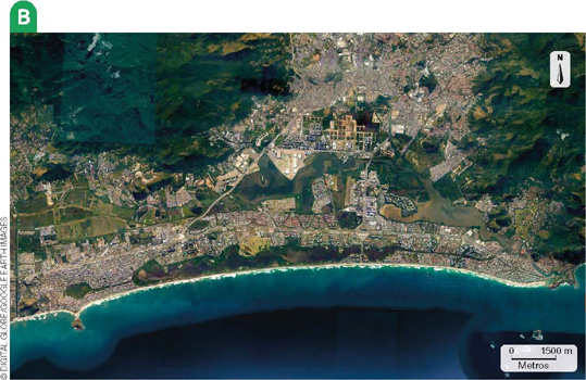 IMAGEM: b. uma imagem de satélite de 2021 mostra a orla da barra da tijuca, com intensa atividade urbana e área rural e de vegetação menores. FIM DA IMAGEM.