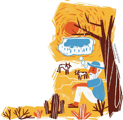 IMAGEM: uma ilustração em estilo de cordel mostra um homem sentado no solo do sertão, com cactos e árvore sem folhas. o sol está forte, o gado está magro e ele pensa em chuva. FIM DA IMAGEM.