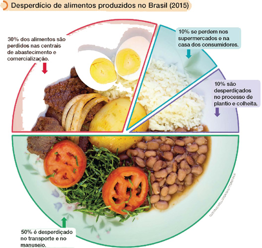 IMAGEM: um gráfico circular informa o desperdício de alimentos produzidos no brasil em 2015. o formato do gráfico é estilizado como um prato de comida. 50 por cento dos alimentos produzidos no brasil são desperdiçados no transporte e no manuseio, 30 por cento dos alimentos são perdidos nas centrais de abastecimento e comercialização, 10 por cento se perdem nos supermercados e na casa dos consumidores e 10 por cento são desperdiçados no processo de plantio e colheita. FIM DA IMAGEM.
