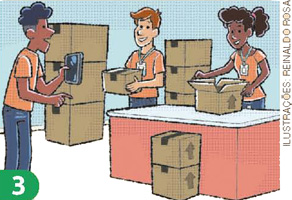 IMAGEM: 3. trabalhadores embalam produtos em caixas de papelão. FIM DA IMAGEM.