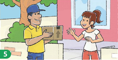 IMAGEM: 5. um funcionário dos correios entrega uma caixa para a mulher da primeira imagem. FIM DA IMAGEM.