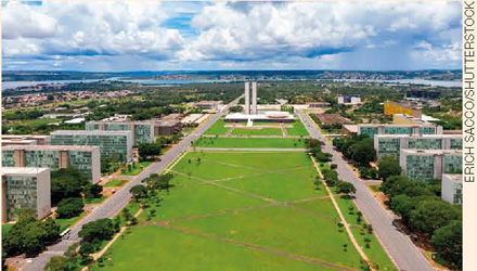 IMAGEM: vista aérea de um longo parque com o planalto central ao fim e os prédios dos ministérios nas laterais. FIM DA IMAGEM.