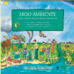 IMAGEM: reprodução da capa do livro meio ambiente, uma introdução para crianças. há uma ilustração de diversas pessoas na beira de um rio. FIM DA IMAGEM.