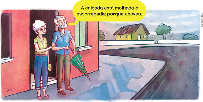 IMAGEM: um casal de idosos está em uma calçada molhada em uma paisagem urbana. o homem diz: a calçada está molhada e escorregadia porque choveu. FIM DA IMAGEM.