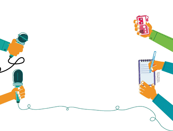 IMAGEM: cinco mãos estão ao redor do texto na ilustração: duas seguram microfones com fio, outra segura um gravador e outras duas escrevem em um bloco de notas. FIM DA IMAGEM.