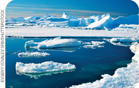 IMAGEM: vista aérea da antártica com montanhas de gelo, e blocos soltos, flutuando nas águas. FIM DA IMAGEM.