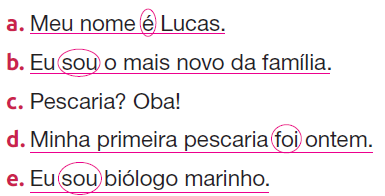 IMAGEM: Professor: estão sublinhadas as frases A, B, D, E. Estão circuladas as palavras: é, sou, foi, sou. FIM DA IMAGEM.