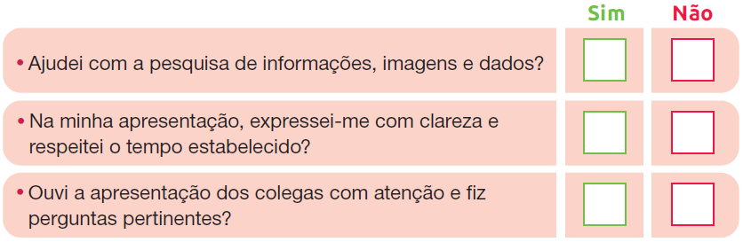 IMAGEM: Perguntas de avaliação:
Ajudei com a pesquisa de informações, imagens e dados?
Na minha apresentação, expressei-me com clareza e respeitei o tempo estabelecido?
Ouvi a apresentação dos colegas com atenção e fiz perguntas pertinentes?. FIM DA IMAGEM.