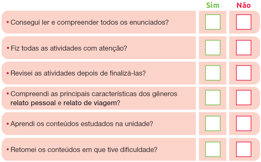 IMAGEM: Perguntas de avaliação:
Consegui ler e compreender todos os enunciados?
Fiz todas as atividades com atenção?
Revisei as atividades depois de finalizá-las?
Compreendi as principais características dos gêneros relato pessoal e relato de viagem?
Aprendi os conteúdos estudados na unidade?
Retomei os conteúdos em que tive dificuldade?. FIM DA IMAGEM.