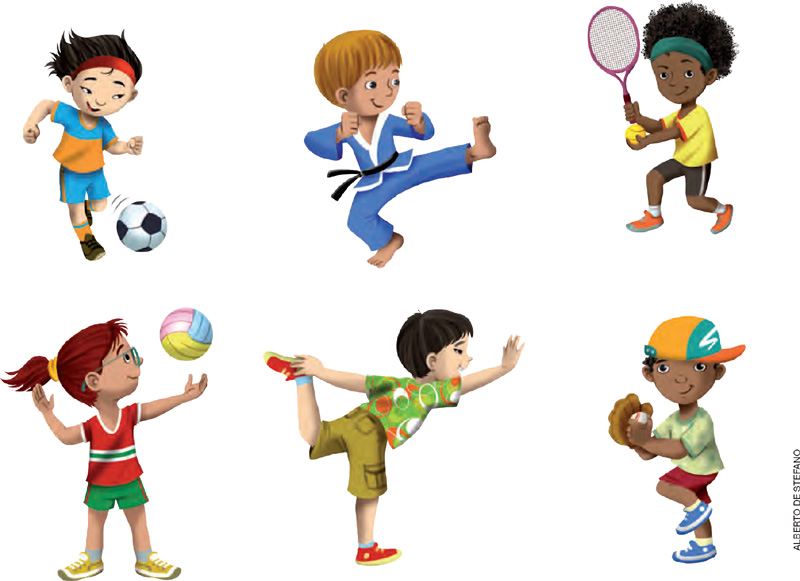IMAGEM: seis crianças praticam atividades como futebol, luta, tênis, vôlei, ginástica e beisebol. FIM DA IMAGEM.
