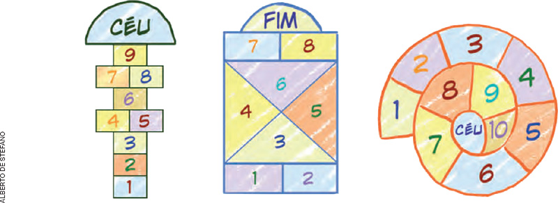 IMAGEM: três tipos de amarelinha desenhados. o primeiro é composto por uma sequência de quadrados, cada um com os números de 1 a 9. o segundo é um retângulo dividido em oito partes e o terceiro apresenta os números de 1 a 10 em uma espiral. FIM DA IMAGEM.