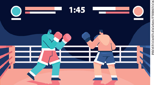 IMAGEM: tela de um jogo de videogame, com dois lutadores em um ringue, um de cada lado, com os punhos levantados e luvas de boxe nas mãos. FIM DA IMAGEM.