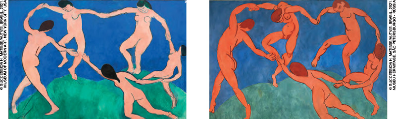 IMAGEM: Reprodução da obra A dança, de Matisse, e seu protótipo. Nela, cinco pessoas formam uma roda e dançam, nuas. FIM DA IMAGEM.