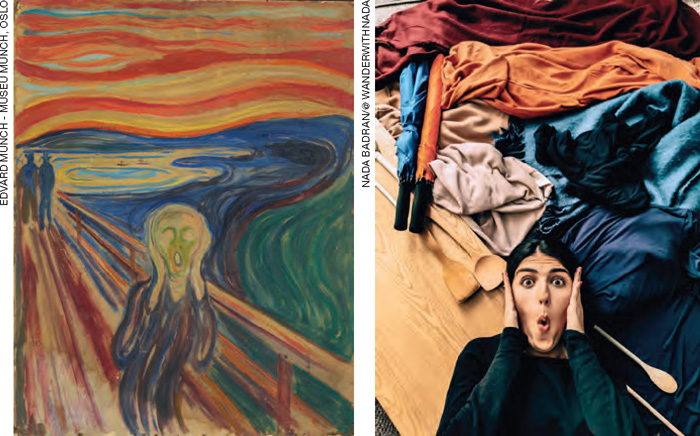 IMAGEM: Reprodução da obra O grito, de Edvard Munch, e sua releitura. Na obra, um homem sobre uma ponte grita, com as mãos no rosto. Na releitura, uma mulher grita, com as mãos no rosto. FIM DA IMAGEM.