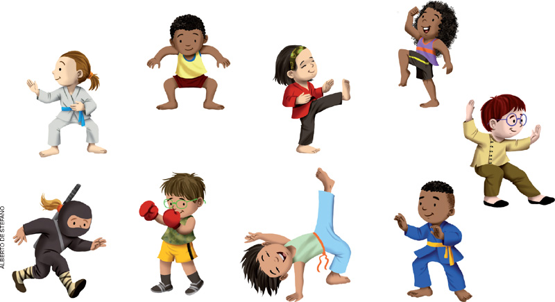 IMAGEM: nove crianças praticam diferentes estilos de luta e usam seus respectivos uniformes. as lutas retratadas são: karatê, ninjutsu, sumô, boxe, kung-fu, capoeira, dambe, judô e tai chi. FIM DA IMAGEM.