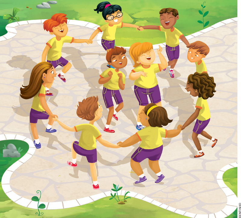 IMAGEM: oito estudantes dão as mãos e formam uma roda em um parque. eles sorriem e dançam. no centro da roda, um menino e uma menina dançam juntos. FIM DA IMAGEM.