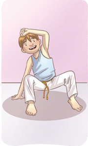 IMAGEM: um capoeirista está agachado no chão, com um braço sobre a cabeça, as duas pernas flexionadas e o corpo inclinado para trás, apoiado em uma das mãos. FIM DA IMAGEM.