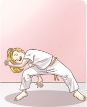 IMAGEM: uma capoeirista está de pé, com as duas pernas abertas e o corpo inclinado para o lado. FIM DA IMAGEM.