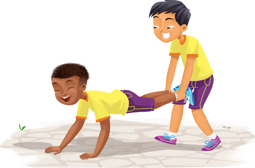 IMAGEM: um menino se apoia com as duas mãos no piso, tem o corpo paralelo ao chão e as pernas erguidas e sustentadas por um menino de pé atrás dele. FIM DA IMAGEM.
