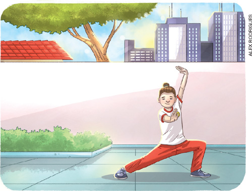 IMAGEM: um menino realiza um movimento de luta kung fu. com os dois pés no chão, ele flexiona uma dos joelhos e mantém a outra perna aberta e esticada. um de seus braços está erguido para frente, e o outro, para cima. FIM DA IMAGEM.