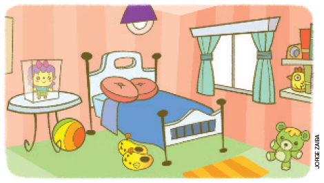 IMAGEM: o quarto de ana. no centro, há uma cama. à esquerda, uma mesa onde está uma boneca. no pé da mesma mesa, há uma bola colorida. no pé da cama, estão duas pantufas. à direita, há uma janela ao lado de uma prateleira, onde estão alguns brinquedos e livros. abaixo no chão, há um urso de pelúcia. FIM DA IMAGEM.