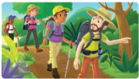 IMAGEM: quatro pessoas andam em uma trilha com chapéus e mochilas. FIM DA IMAGEM.