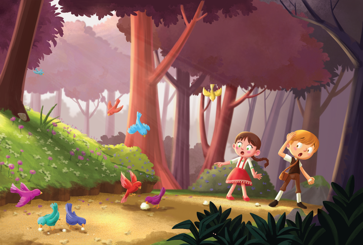 IMAGEM: Uma ilustração representa um menino e uma menina em uma trilha na floresta. Com expressões surpresas, eles olham para trás e veem que pássaros estão comendo as migalhas de pão que eles haviam deixado no caminho. FIM DA IMAGEM.