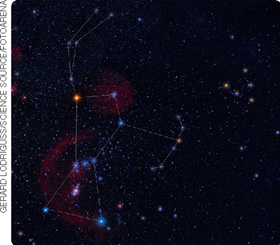 IMAGEM: grupo de estrelas da constelação de órion. unindo cada uma delas por uma linha imaginária, é formada a imagem de um guerreiro segurando espada e escudo. FIM DA IMAGEM.