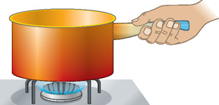 IMAGEM: uma mão segura um cabo de uma panela que está sobre um fogão aceso. a panela apresenta coloração avermelhada e amarelada nas regiões com contato direto com o fogo, enquanto o cabo apresenta coloração azulada onde a mão está. FIM DA IMAGEM.