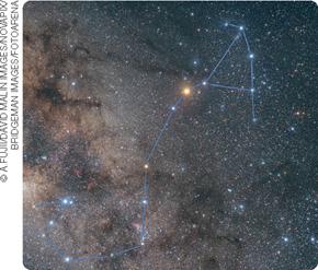 IMAGEM: grupo de estrelas da constelação de escorpião. unindo cada uma delas por uma linha imaginária, é formada a imagem de um escorpião com o ferrão para cima. FIM DA IMAGEM.