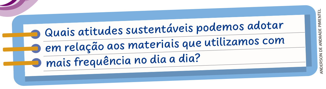 IMAGEM: Página de caderno com a seguinte pergunta: quais atitudes sustentáveis podemos adotar em relação aos materiais que utilizamos com mais frequência no dia a dia?. FIM DA IMAGEM.