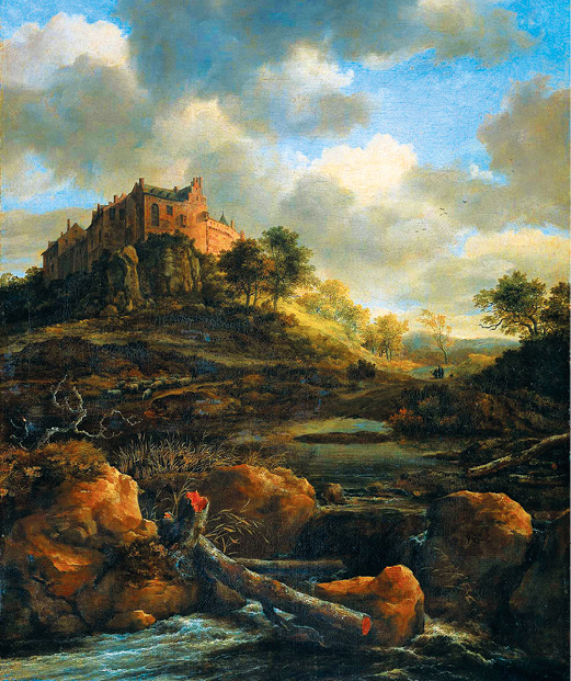 Imagem: Pintura. Em primeiro plano, um rio com pedras e plantas em volta. Em segundo plano, um castelo no topo de um morro com árvores em volta. Ao fundo, nuvens brancas no céu azul. Fim da imagem.