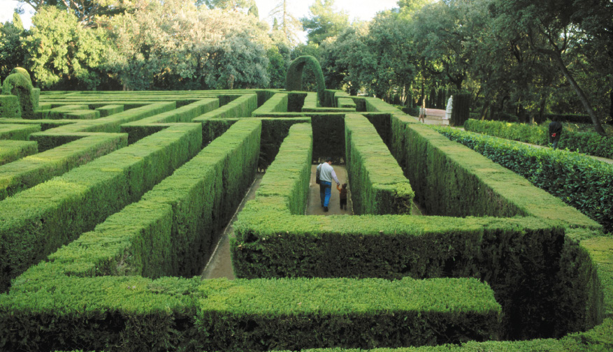 Imagem: Fotografia. Um jardim com plantas verdes formando um labirinto. No centro há uma pessoa andando e nas laterais, muitas árvores. Fim da imagem.