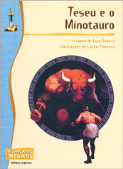 Imagem: Capa de livro. Na parte superior, o título e o nome do autor. Na parte inferior, um homem está de costas e na frente dele há um Minotauro grande.  Fim da imagem.