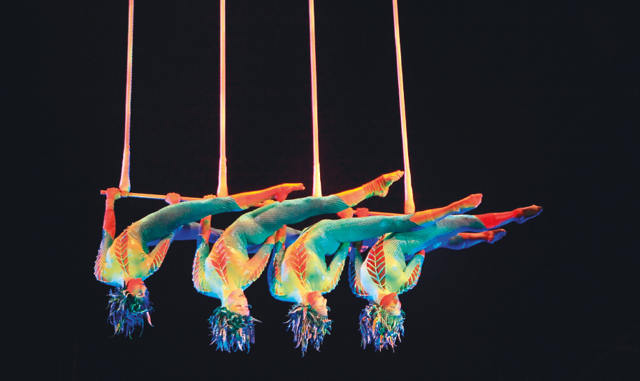 Imagem: Fotografia. Quatro acrobatas com roupas e perucas coloridas estão penduradas de ponta cabeça em uma haste e com as pernas inclinadas para o lado.  Fim da imagem.