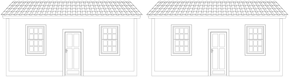 Imagem: Ilustração e preto e branco. Duas casas térreas com duas janelas retangulares nas laterais e uma porta no meio. Fim da imagem.