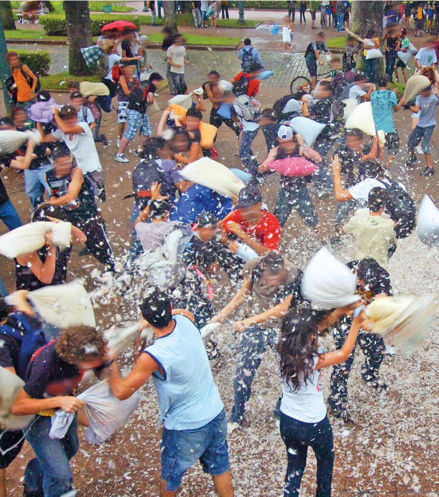 Imagem: Fotografia. Várias pessoas estão em uma praça e batendo travesseiros umas nas outras. Em volta há muitas penas brancas e ao fundo, árvores. Fim da imagem.