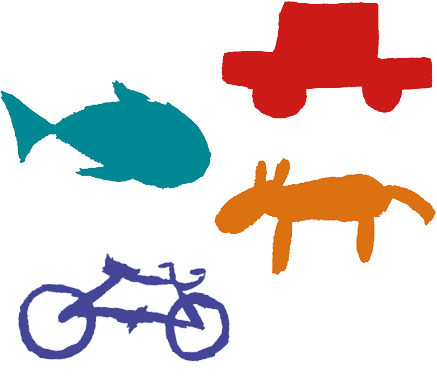 Imagem: Ilustração. Contorno de um peixe verde, carro vermelho, animal laranja e bicicleta azul. Fim da imagem.