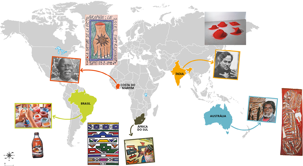 Imagem: Infográfico. Ao fundo, ilustração de um mapa-múndi com destaque para alguns países. Ao lado de cada um há imagens. No canto inferior esquerdo, a rosa dos ventos e a escala.  Brasil: Foto (1) de uma mão segurando uma garrafa pequena de vidro. Ao lado, outra mão segura um objeto fino dentro da garrafa. Ao fundo, sacos abertos com areia colorida. Foto (2) de uma garrafa de vidro com areia colorida dentro, formando uma casa e árvores.  Costa do Marfim: Foto (3) em preto e branco de um homem calvo com bigode fino, olhos pequenos, nariz largo e lábios grossos. Desenho (4) de um sol sobre uma mão em fundo verde. Em volta, textos. África do Sul: Foto (5) de uma mulher negra com faixa verde na cabeça, colar dourado e grosso no pescoço e vestido rosa. Ela está segurando um pincel sobre uma tela grande. Pintura (6). Formas geométricas coloridas sobre fundo branco.  Índia: Foto (7) em preto e branco de um homem com cabelo penteado de lado, olhos pequenos, nariz arredondado e lábios finos. Foto (8) de objetos pintados de vermelho com tinta em volta sobre fundo cinza. Austrália: Foto (9) de um homem negro com cabelo preto, barba grisalha ao lado de um quadro. Pintura (10) uma cobra comprida e listrada em tons de vermelho. A língua tem formato de trigo.  Fim da imagem.