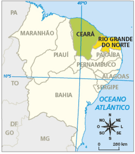 Imagem: Mapa do Brasil. Destaque para o Ceará e o Rio Grande do Norte. No canto inferior direito, a rosa dos ventos e a escala.   Fim da imagem.