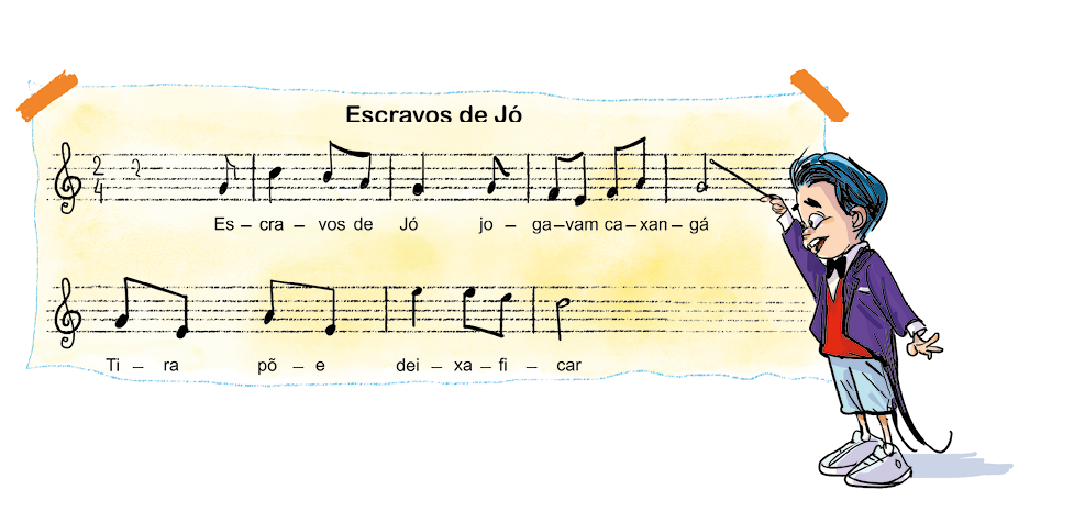 Imagem: Ilustração. À direita, um jovem com cabelo azul, terno roxo, colete vermelho, bermuda e tênis azul está segurando uma batuta com a mão direita levantada. À esquerda, uma partitura com notas musicais e a letra da música: ESCRAVOS DE JÓ. ES-CRA-VOS DE JÓ JO-GA-VAM CA-XAN-GÁ.  TI-RA PÕ-E DEI-XA-FI-CAR.   Fim da imagem.