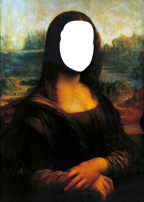 Imagem: Pintura. Mona Lisa, mulher com cabelo liso e comprido e vestido está sentada com as mãos unidas na frente do corpo. No rosto há uma mancha branca. Ao fundo, morros e um rio. Fim da imagem.