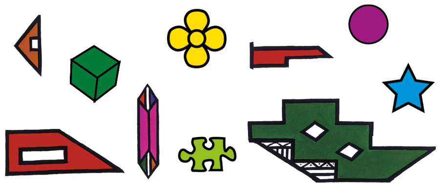 Imagem: Ilustração. 1. Triângulo, 2. cubo, 3. trapézio, 4. losangos, 5. flor, 6. peça de quebra-cabeça, 7. dois polímeros, 8. círculo, 9. estrela, 10. figura irregular.  Fim da imagem.