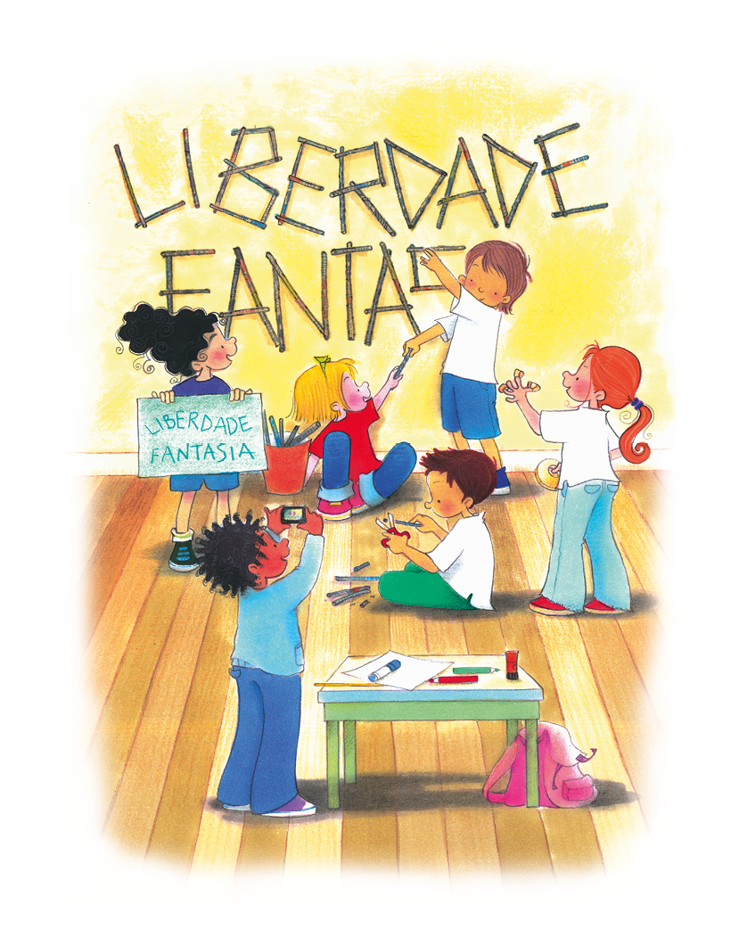 Imagem: Ilustração. Uma menina está segurando um cartaz com as palavras: LIBERDADE FANTASIA. Ao seu lado, uma menina está sentada no chão e entregando um tubo de jornal para um menino, que está colando os tubos na parede e formando as palavras: LIBERDADE, FANTASIA. Ao lado dela há um cesto com vários tubos de jornal. Em seguida, um menino está sentado e cortando um tubo de jornal e uma menina está em pé e segurando fitas adesivas cortadas. Na frente deles, um menino está sorrindo e tirando uma foto. Ao seu lado há uma mesa com objetos em cima. Fim da imagem.