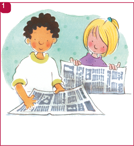 Imagem: Ilustração 1. Um menino com cabelo encaracolado e camiseta branca está com as mãos sobre um jornal. Ao seu lado, uma menina loira com cabelo preso e blusa roxa está segurando um jornal e observando.  Fim da imagem.