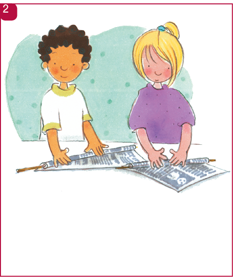 Imagem: Ilustração 2. O menino e a menina estão enrolando os jornais em palitos sobre uma mesa. Fim da imagem.
